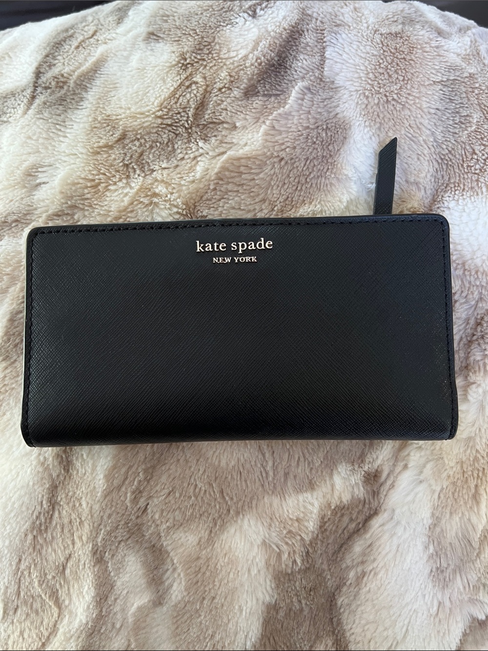 kate spade Black Saffiano Zip-Around Wallet with Gold Logo